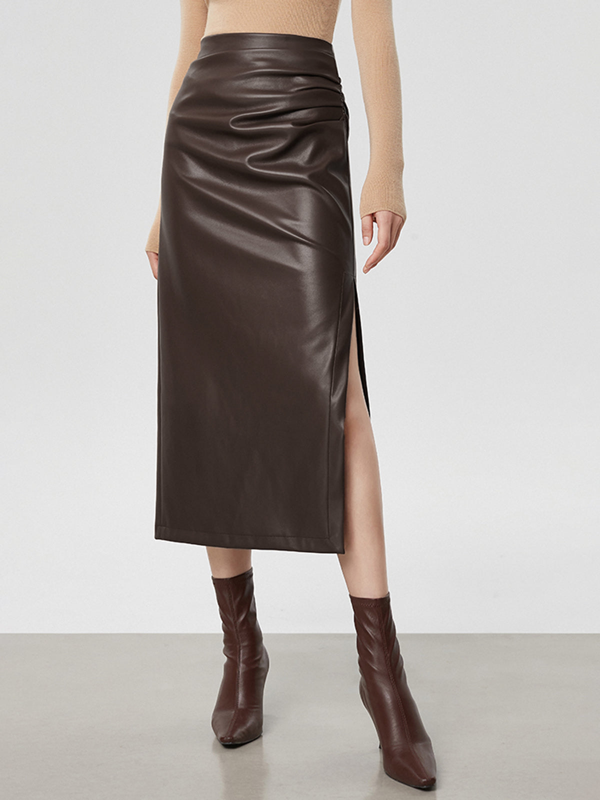 Faux Leather Ruched Slit Midi Skirt – COMMENSE