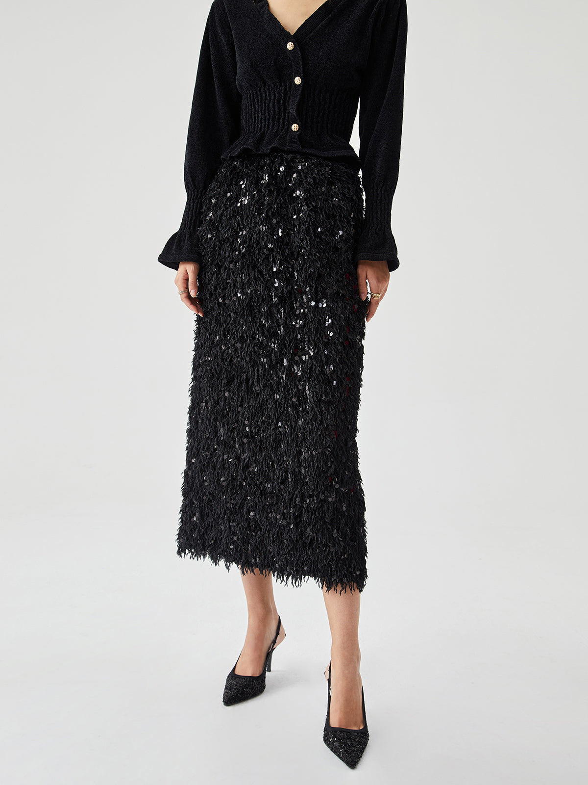 Sequin Feather Split Long Skirt – COMMENSE