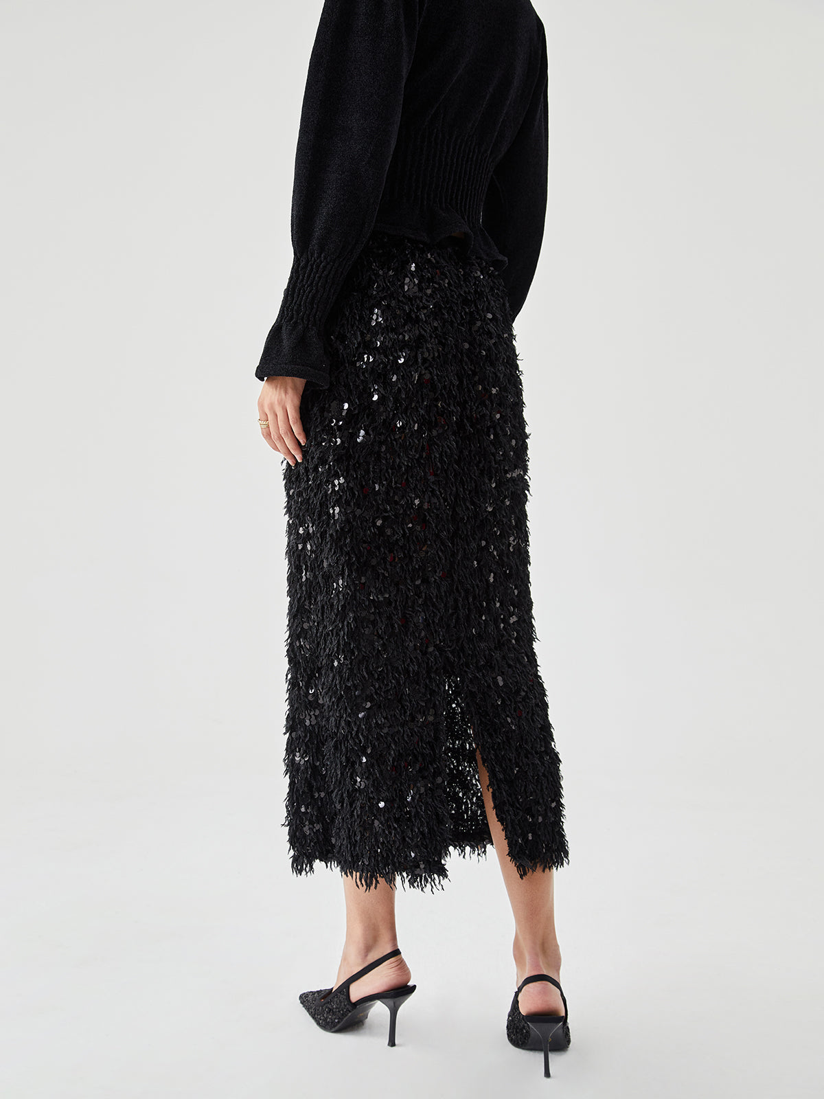 Sequin Feather Split Long Skirt – COMMENSE