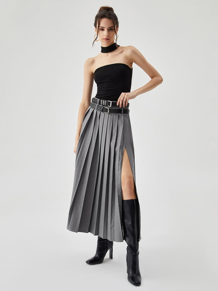 Pleated Split Maxi Skirt Without Belt – COMMENSE