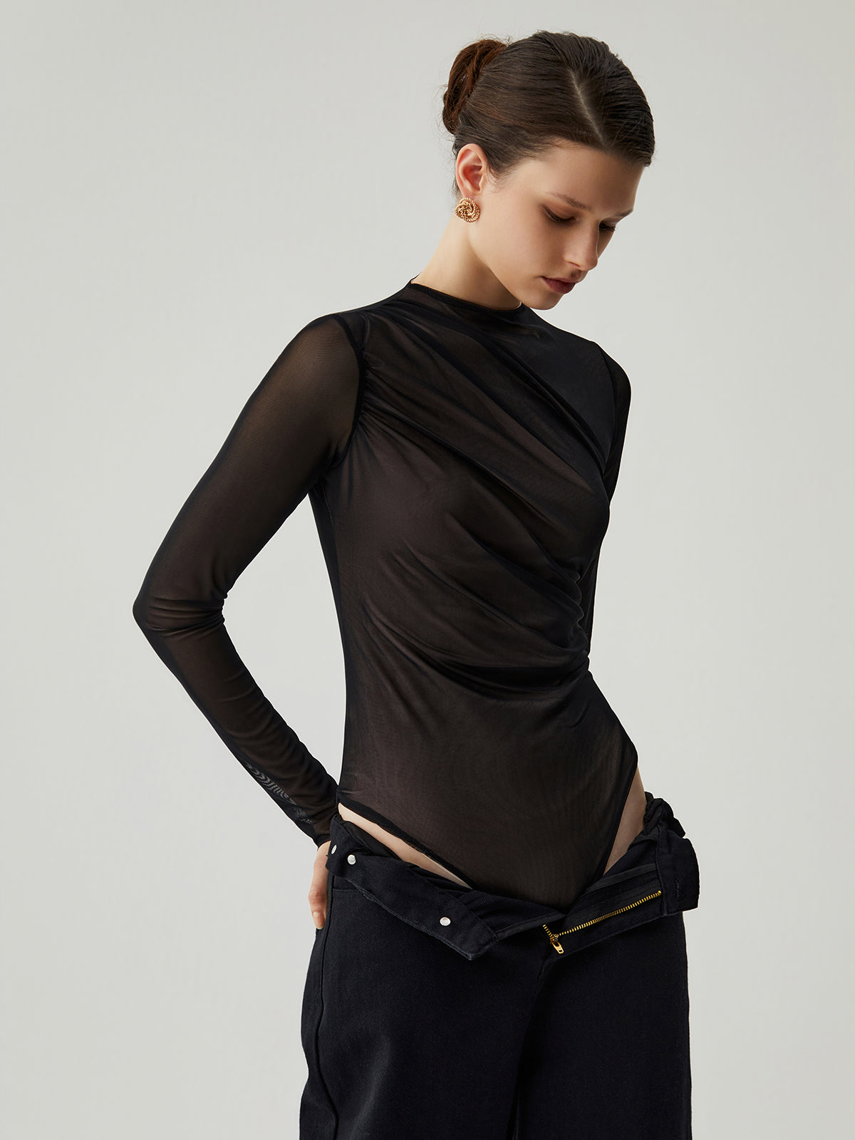 Mesh Semi-sheer Long Sleeve Mock Neck Bodysuit – COMMENSE